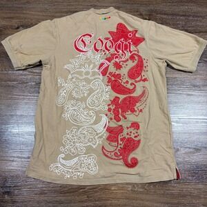 Coogi Shirt Men's XL Beige Short Sleeve Polo Floral Embrodiered Streeetwear Y2K
